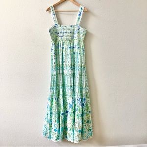 Rococo Sand Elan Smocked Blue Green White Tiered Maxi Dress Large NWT